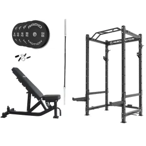 Muscle Motion PR1012 Package- Power Rack   Bench   Bar   100kg Bumper Weight Plates